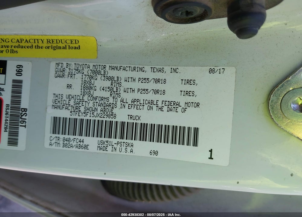 2018 TOYOTA TUNDRA VIN: 5TFEY5F15JX229858