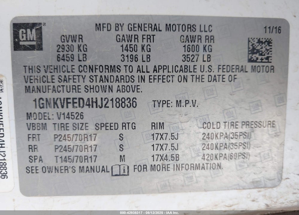 2017 CHEVROLET TRAVERSE VIN: 1GNKVFED4HJ218836