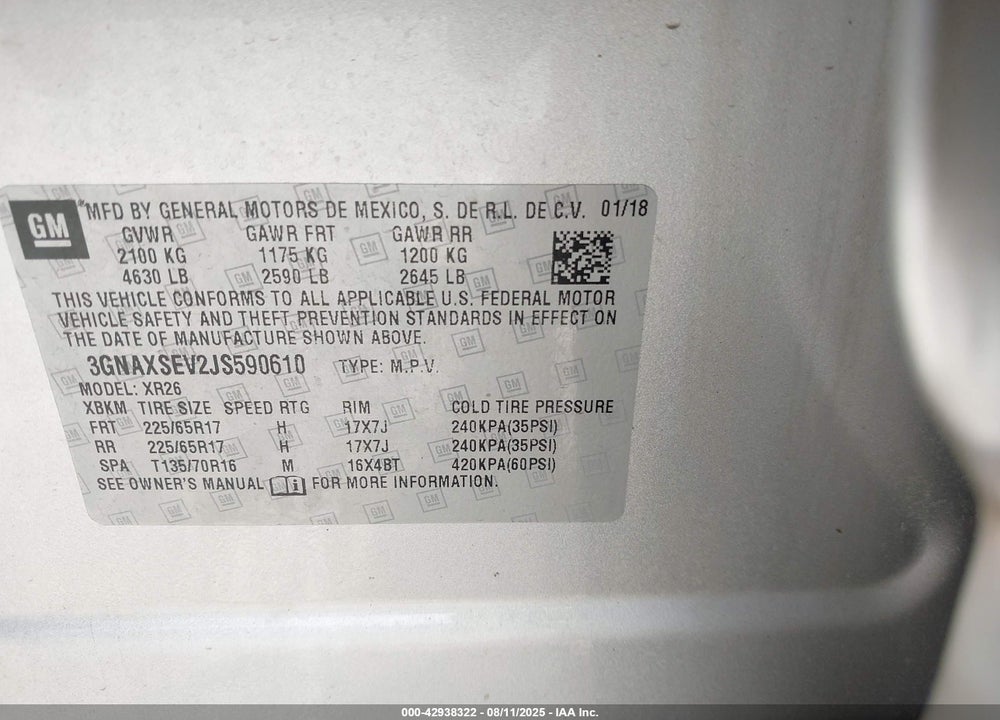 2018 CHEVROLET EQUINOX LT VIN: 3GNAXSEV2JS590610