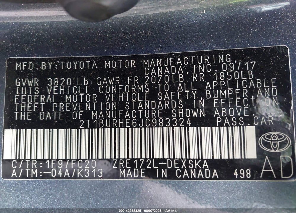 2018 TOYOTA COROLLA VIN: 2T1BURHE6JC983324
