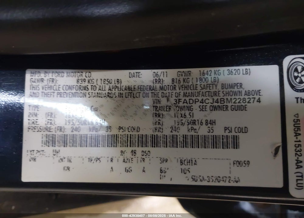 2011 FORD FIESTA VIN: 3FADP4CJ4BM228274