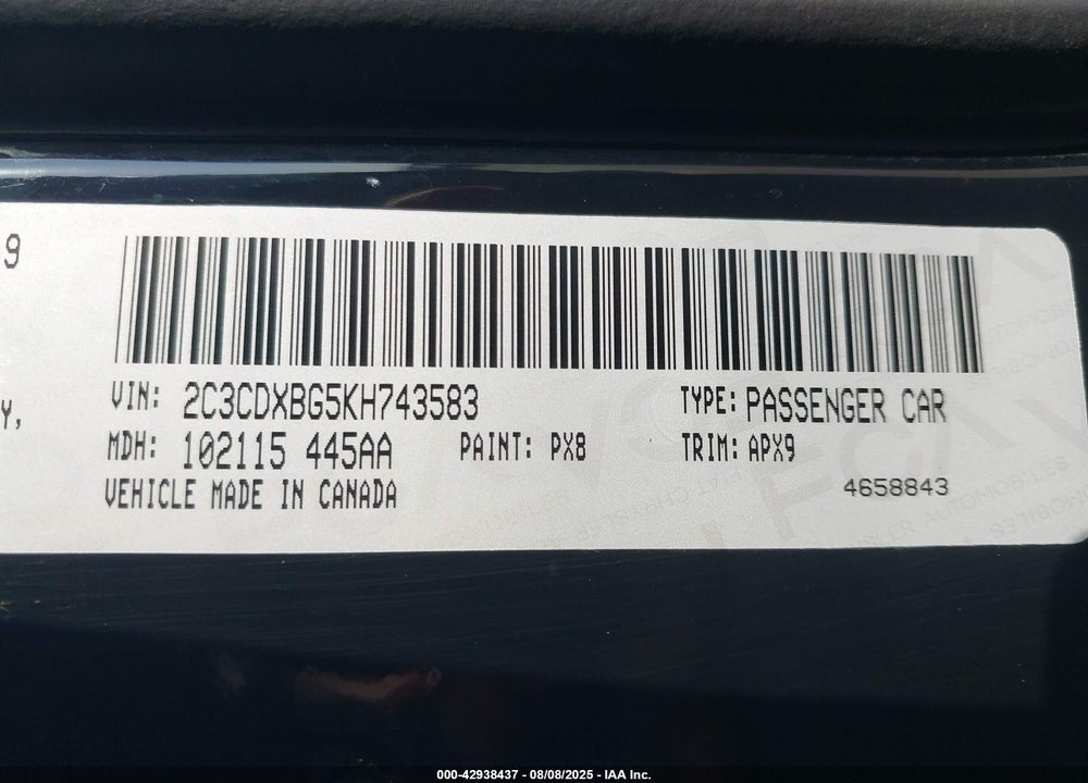 2019 DODGE CHARGER VIN: 2C3CDXBG5KH743583