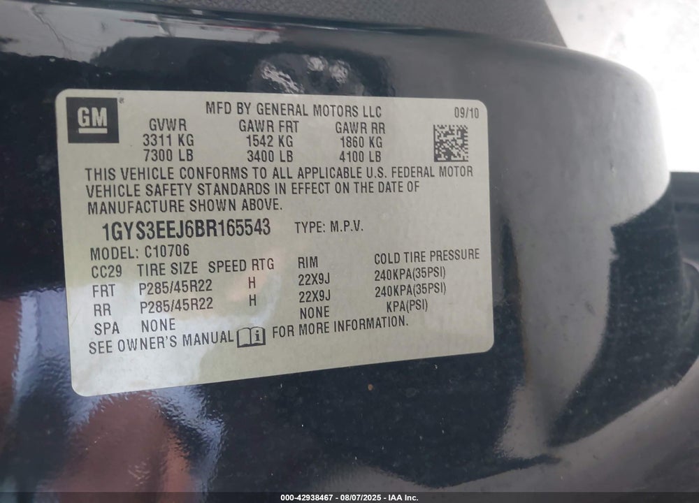 2011 CADILLAC ESCALADE HYBRID STANDARD VIN: 1GYS3EEJ6BR165543