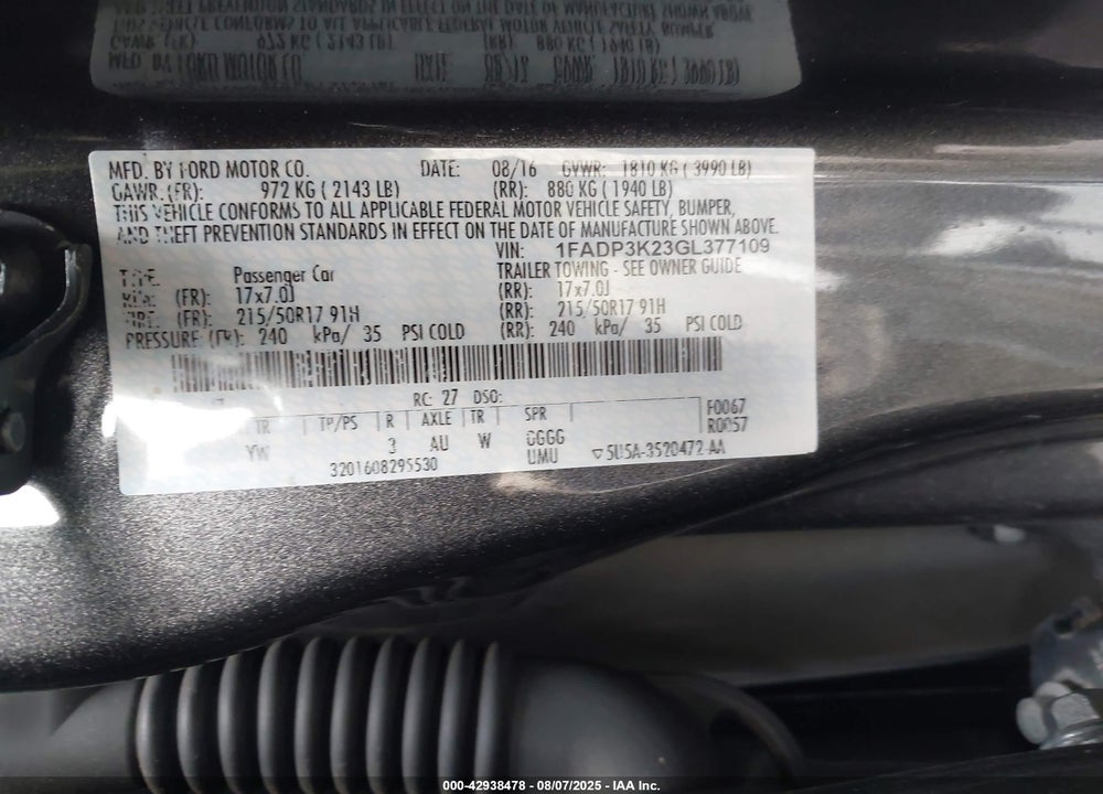 2016 FORD FOCUS VIN: 1FADP3K23GL377109