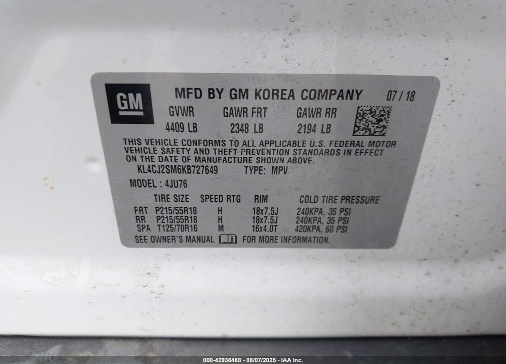 2019 BUICK ENCORE VIN: KL4CJ2SM6KB727649