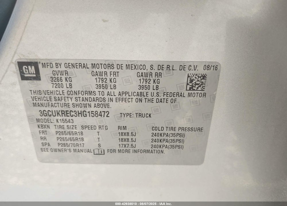 2017 CHEVROLET SILVERADO 1500 VIN: 3GCUKREC3HG158472