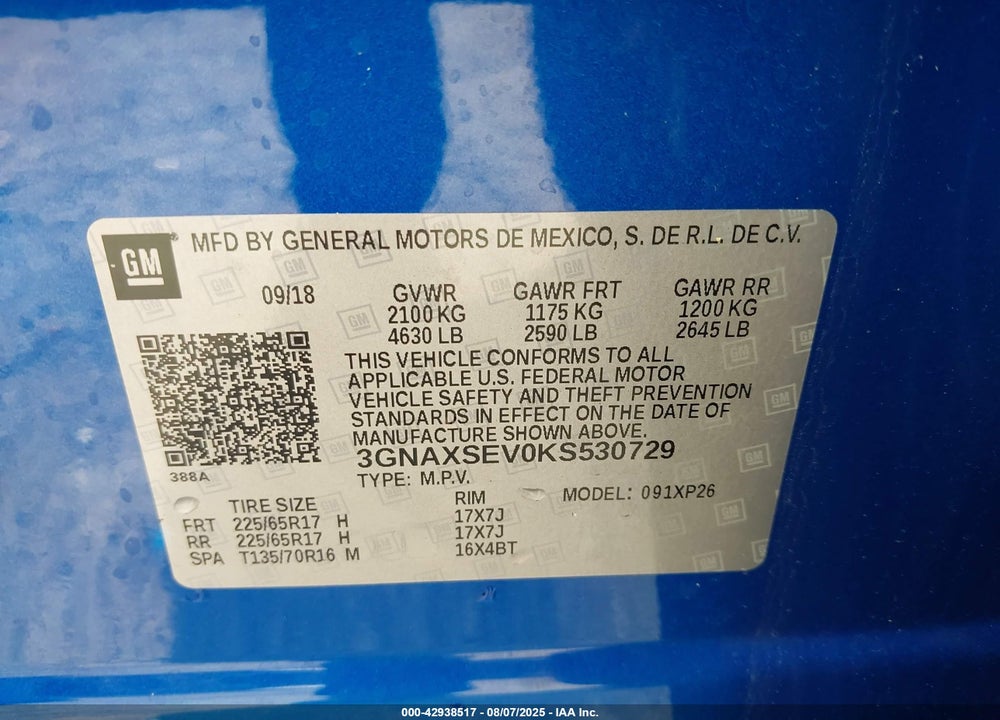 2019 CHEVROLET EQUINOX VIN: 3GNAXSEV0KS530729