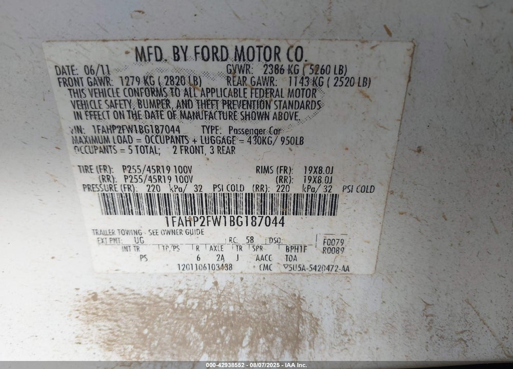 2011 FORD TAURUS VIN: 1FAHP2FW1BG187044