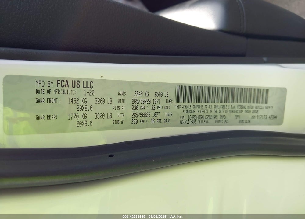 2020 DODGE DURANGO VIN: 1C4RDHDGXLC269109