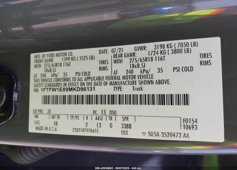 2021 FORD F-150 VIN: 1FTFW1E89MKD96131