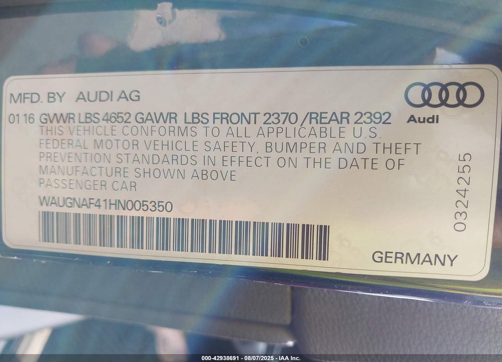 2017 AUDI A4 2.0T PREMIUM VIN: WAUGNAF41HN005350