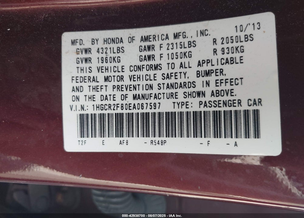 2014 HONDA ACCORD EX-L VIN: 1HGCR2F80EA067597