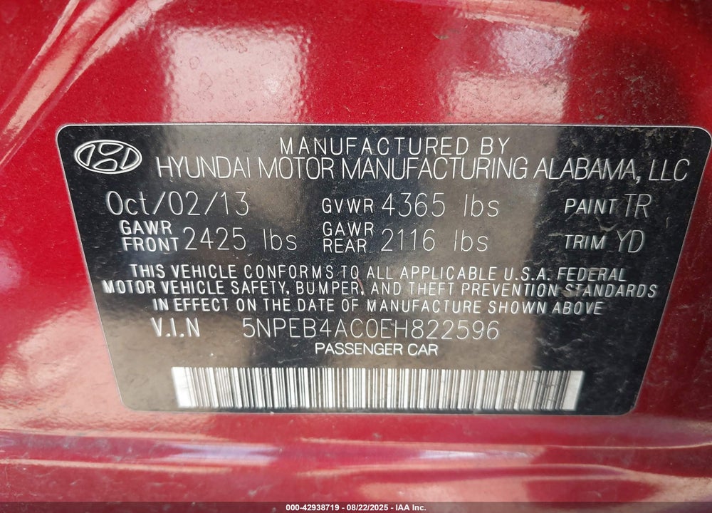 2014 HYUNDAI SONATA VIN: 5NPEB4AC0EH822596