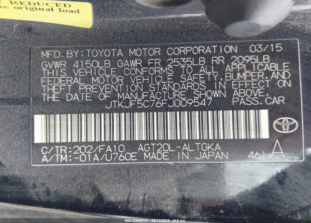 2015 SCION TC VIN: JTKJF5C76FJ009547