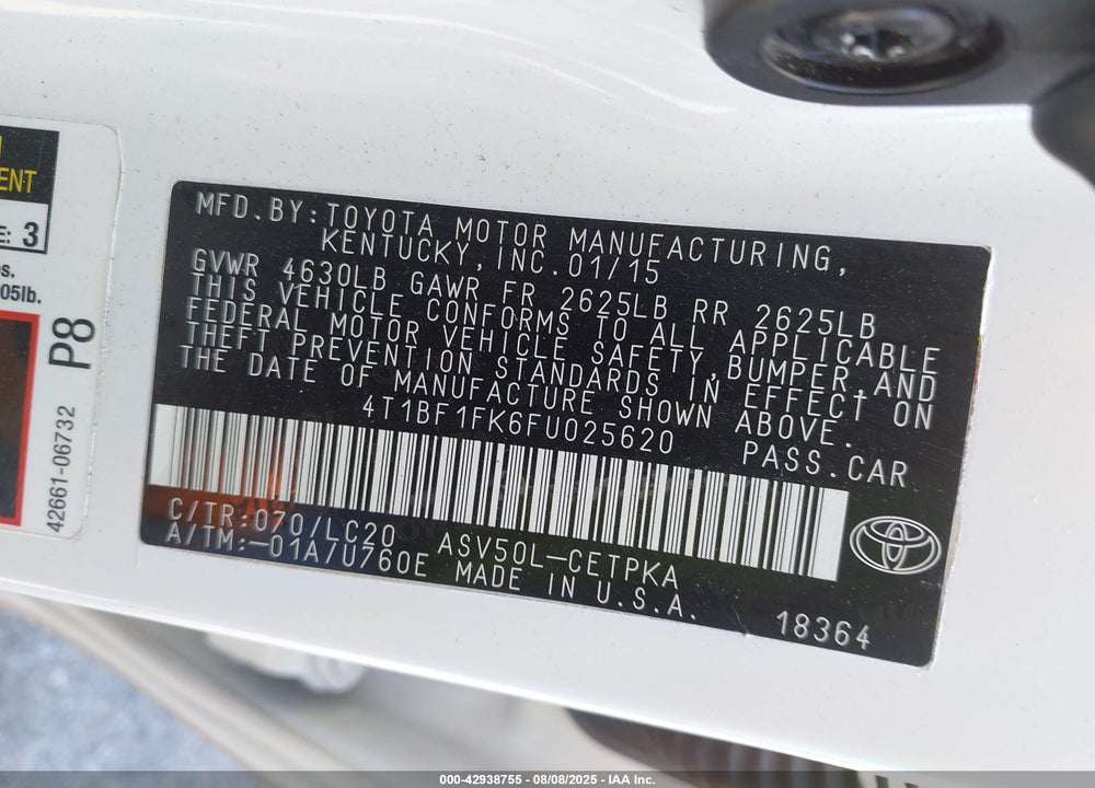 2015 TOYOTA CAMRY VIN: 4T1BF1FK6FU025620