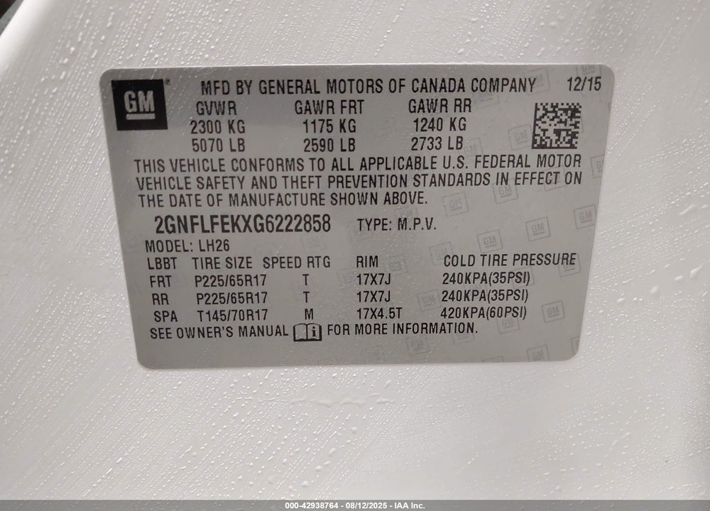 2016 CHEVROLET EQUINOX VIN: 2GNFLFEKXG6222858