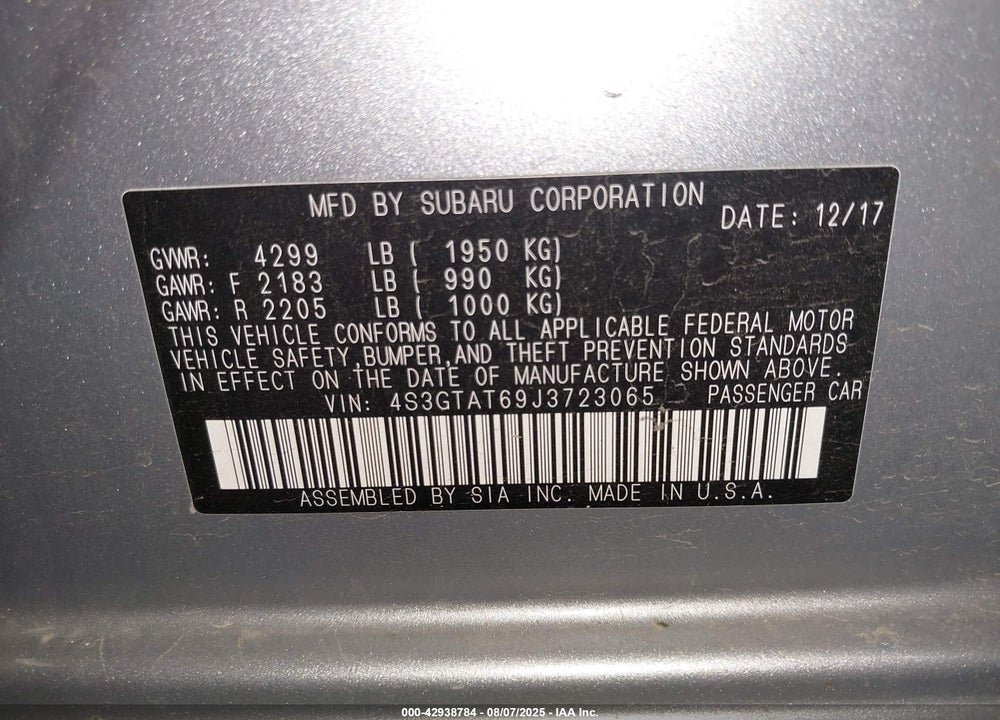 2018 SUBARU IMPREZA VIN: 4S3GTAT69J3723065