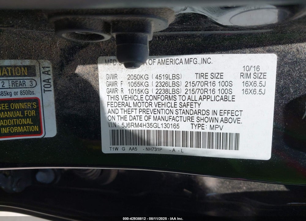 2016 HONDA CR-V VIN: 5J6RM4H35GL130165
