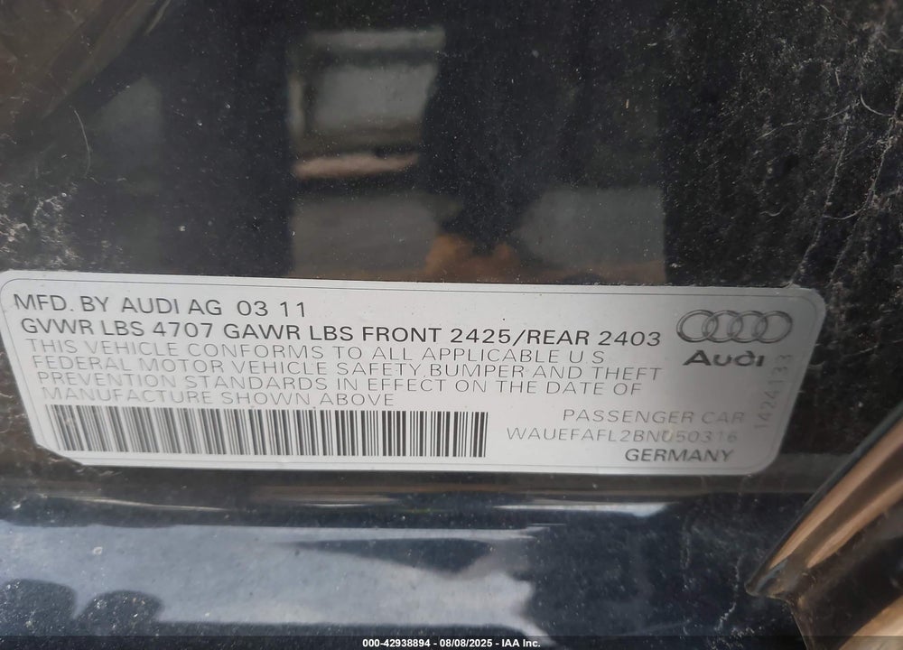 2011 AUDI A4 VIN: WAUEFAFL2BN050316