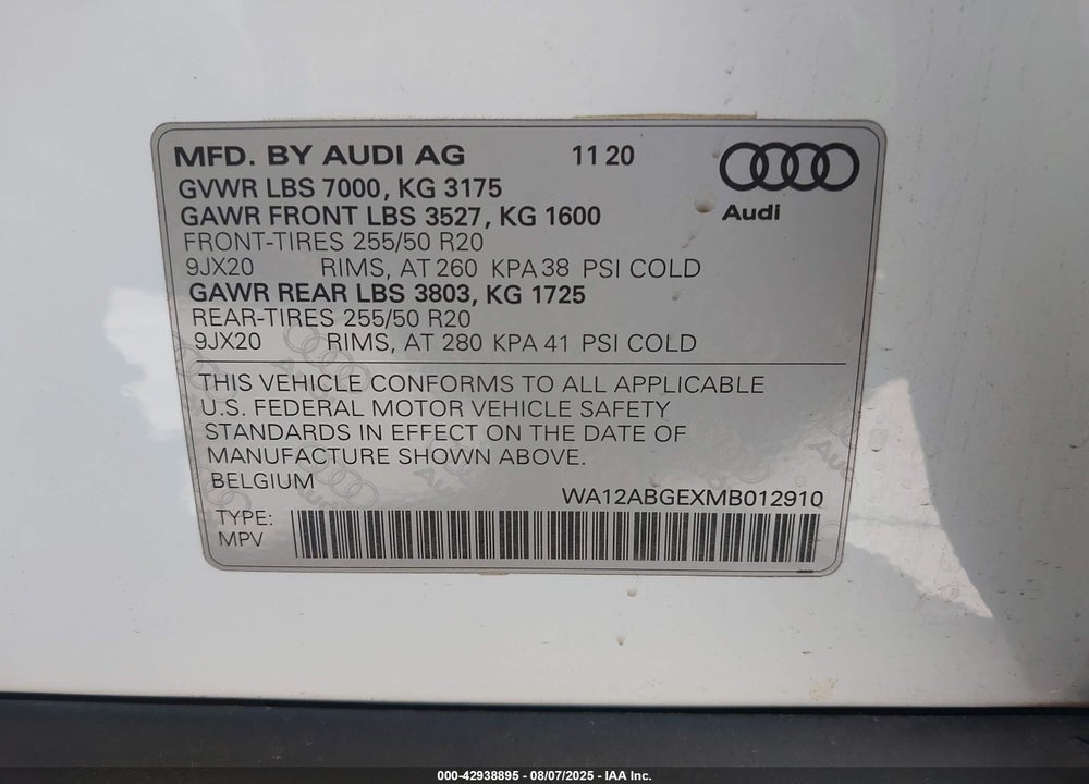 2021 AUDI E-TRON SPORTBACK VIN: WA12ABGEXMB012910