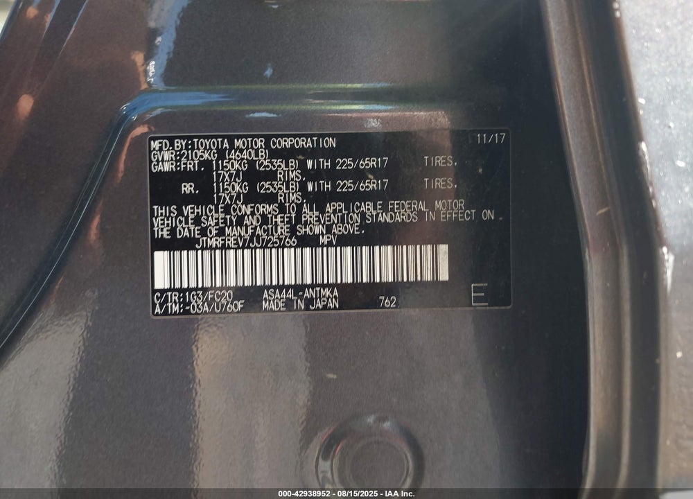 2018 TOYOTA RAV4 VIN: JTMRFREV7JJ725766