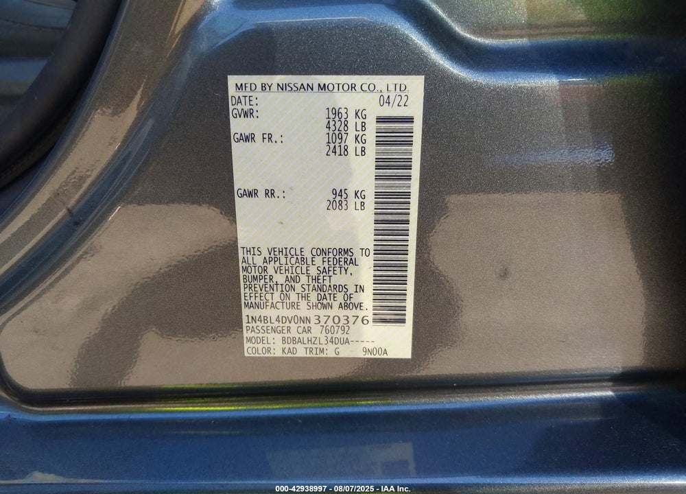 2022 NISSAN ALTIMA VIN: 1N4BL4DV0NN370376