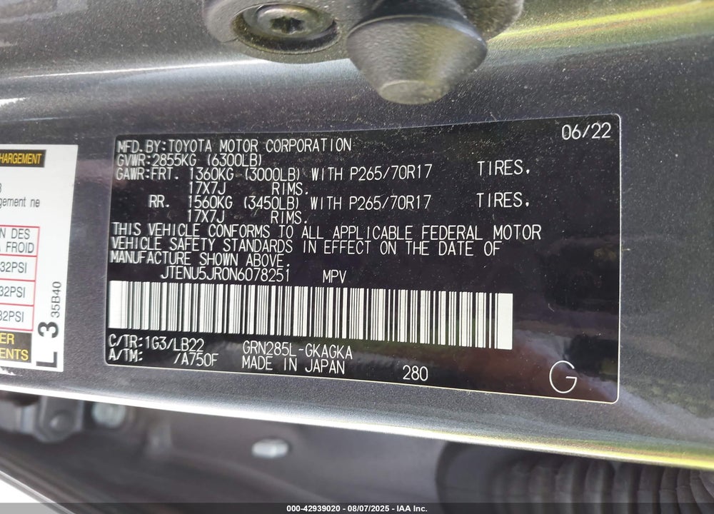 2022 TOYOTA 4RUNNER VIN: JTENU5JR0N6078251