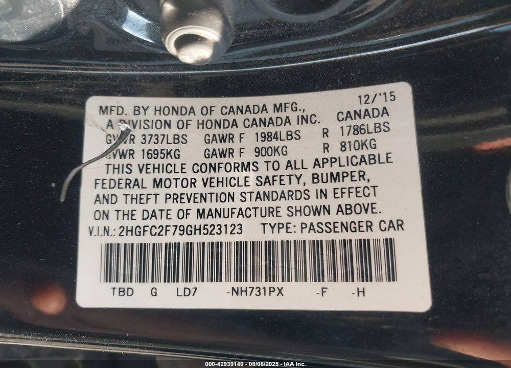 2016 HONDA CIVIC VIN: 2HGFC2F79GH523123