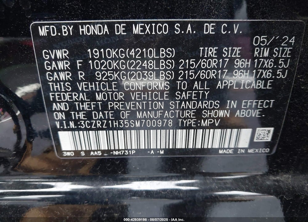 2025 HONDA HR-V VIN: 3CZRZ1H35SM700978