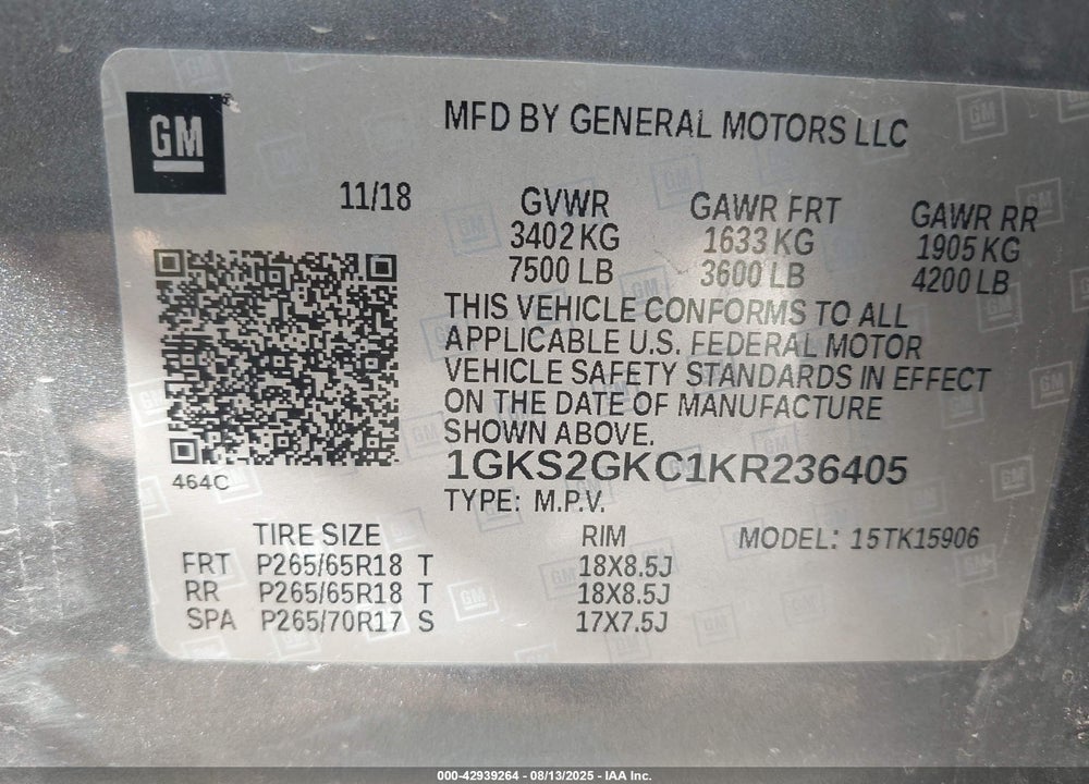 2019 GMC YUKON XL SLT VIN: 1GKS2GKC1KR236405