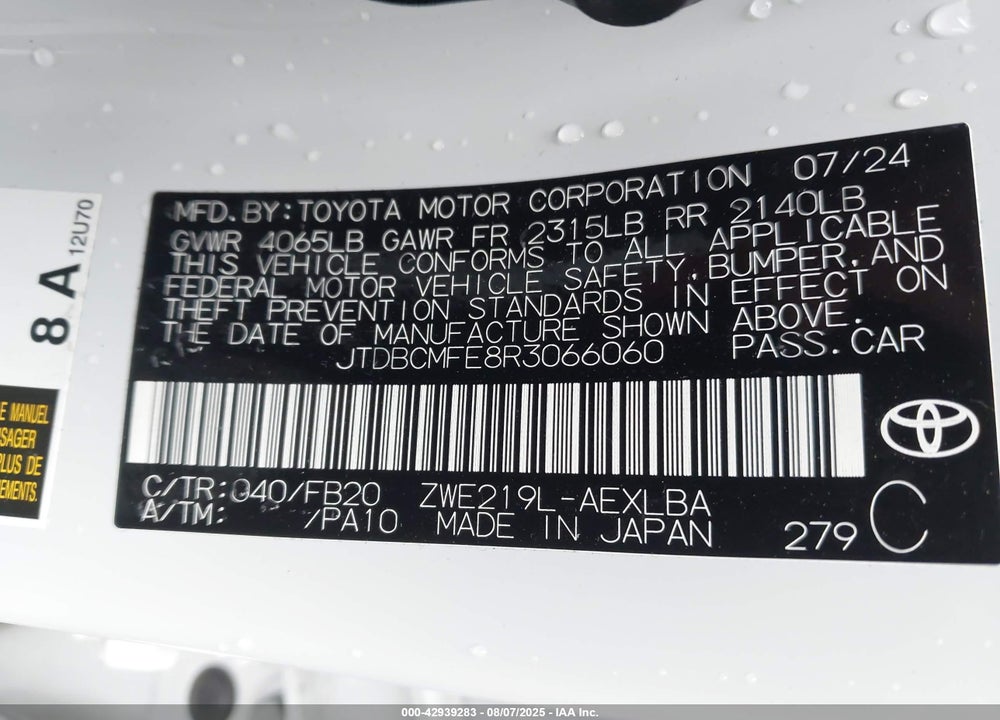 2024 TOYOTA COROLLA VIN: JTDBCMFE8R3066060