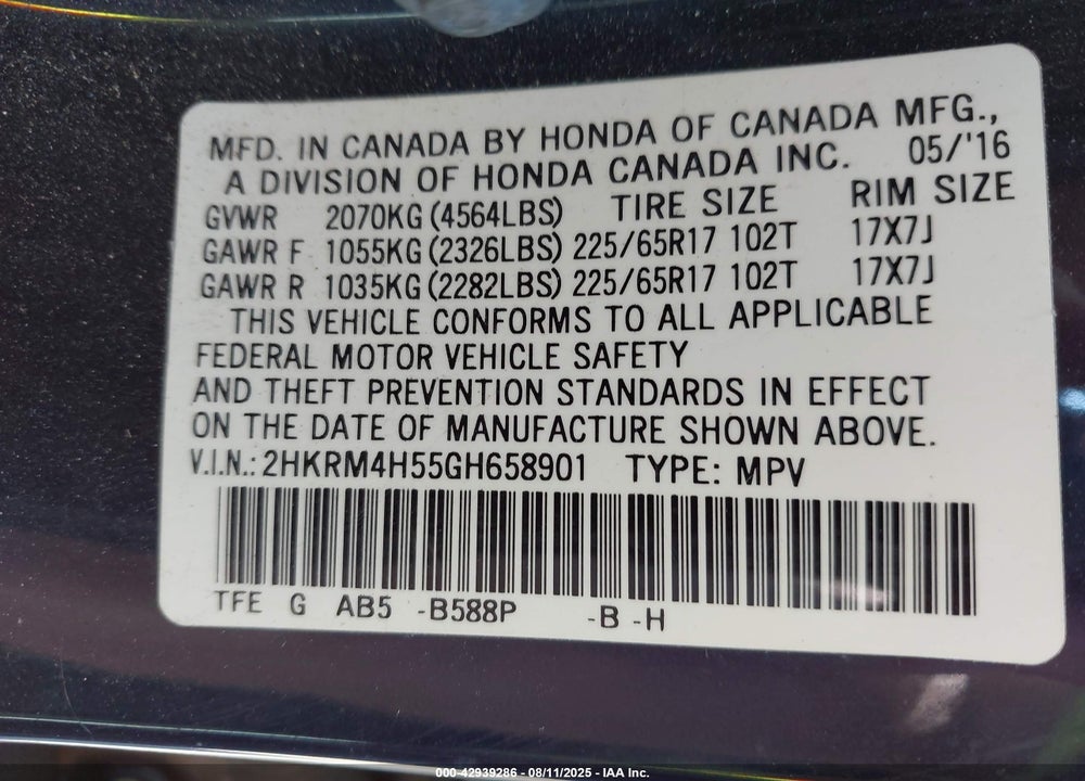 2016 HONDA CR-V EX VIN: 2HKRM4H55GH658901