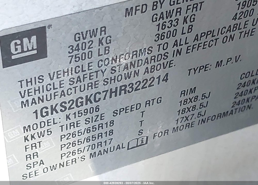 2017 GMC YUKON XL VIN: 1GKS2GKC7HR322214