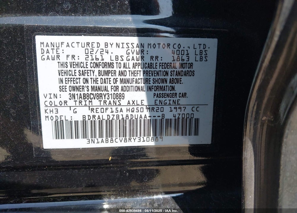 2024 NISSAN SENTRA VIN: 3N1AB8CV8RY310889