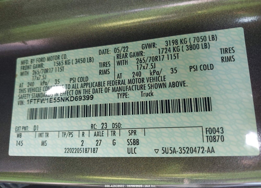 2022 FORD F-150 VIN: 1FTFW1E55NKD69399
