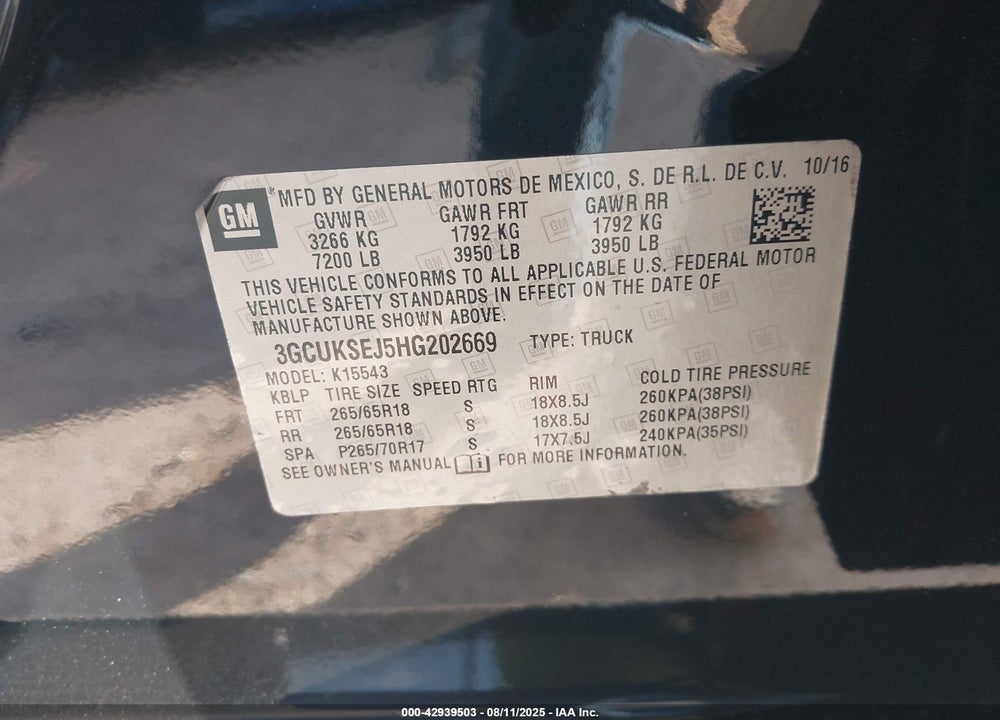 2017 CHEVROLET SILVERADO 1500 VIN: 3GCUKSEJ5HG202669
