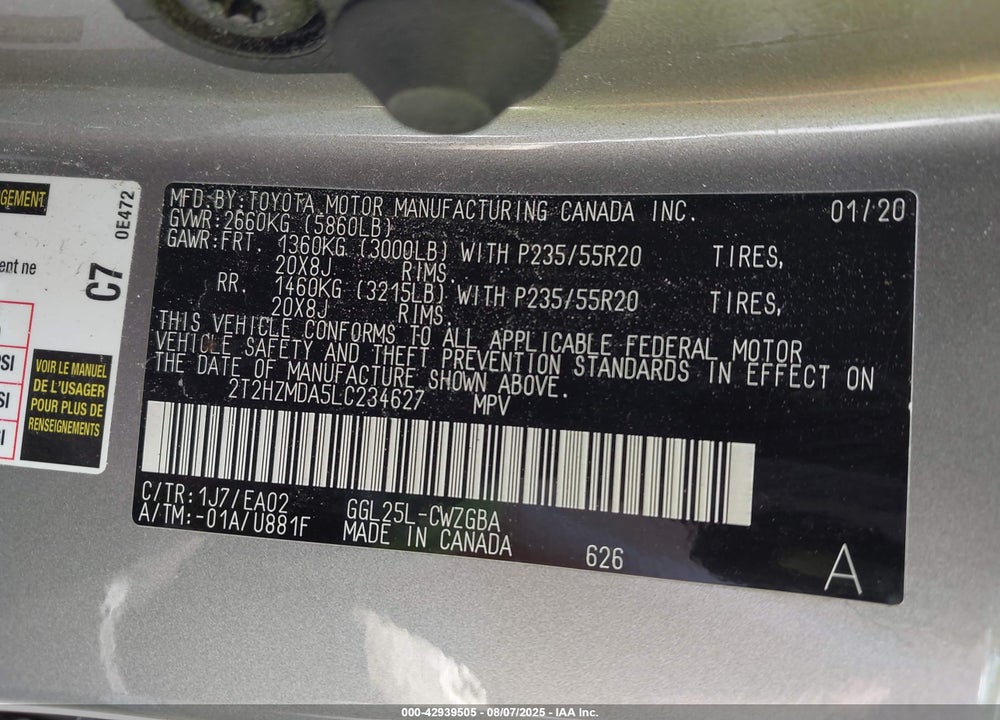 2020 LEXUS RX 350 VIN: 2T2HZMDA5LC234627
