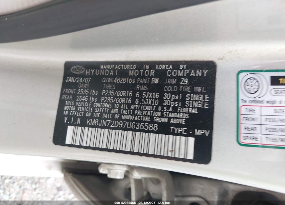 2007 HYUNDAI TUCSON LIMITED/SE VIN: KM8JN72D97U636588