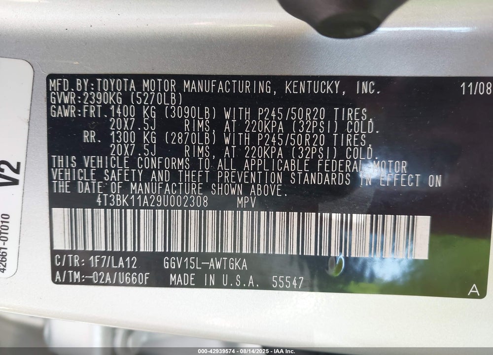 2009 TOYOTA VENZA VIN: 4T3BK11A29U002308