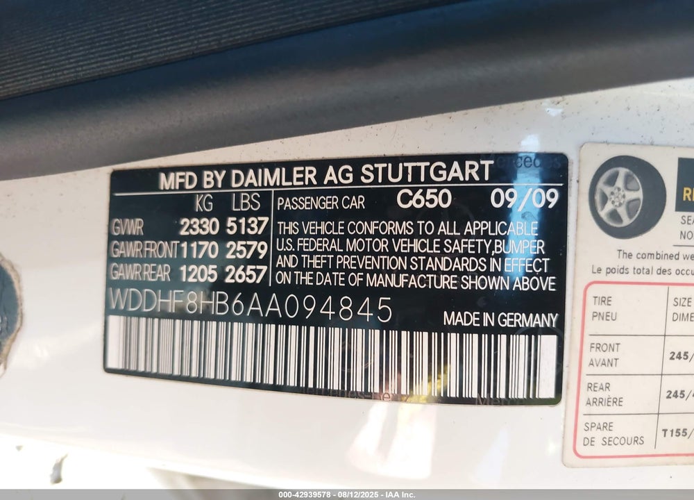 2010 MERCEDES-BENZ E-CLASS VIN: WDDHF8HB6AA094845