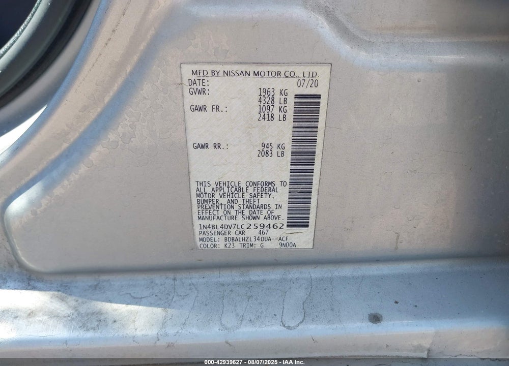 2020 NISSAN ALTIMA VIN: 1N4BL4DV7LC259462