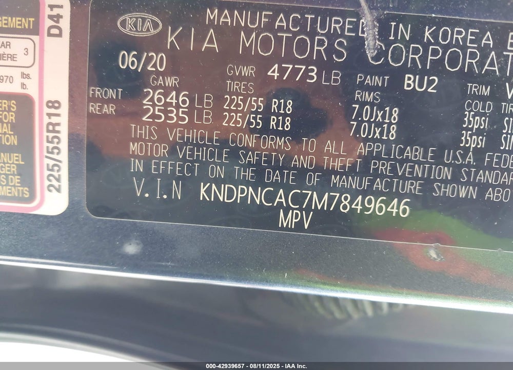2021 KIA SPORTAGE VIN: KNDPNCAC7M7849646