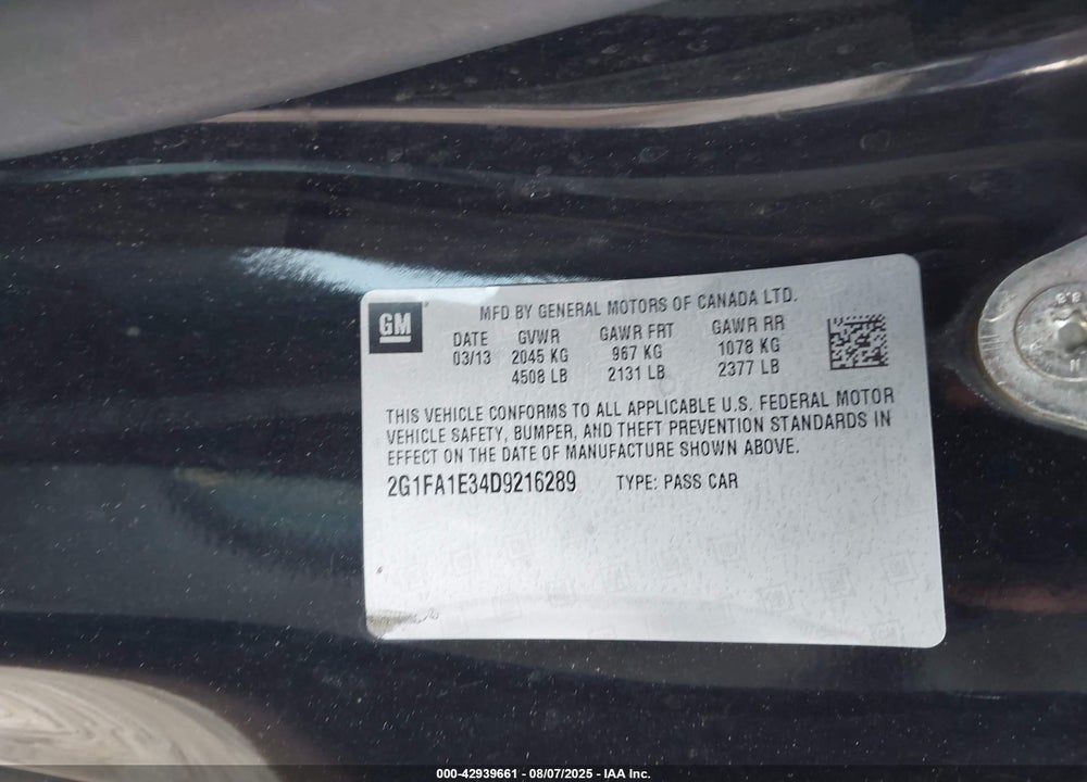 2013 CHEVROLET CAMARO VIN: 2G1FA1E34D9216289