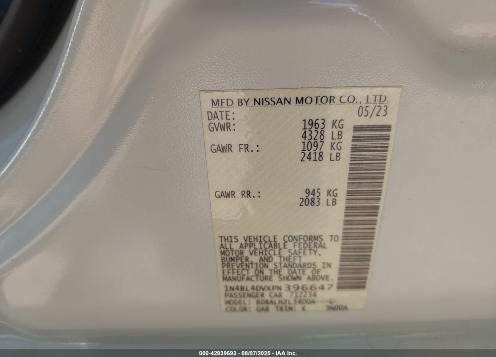 2023 NISSAN ALTIMA VIN: 1N4BL4DVXPN396647