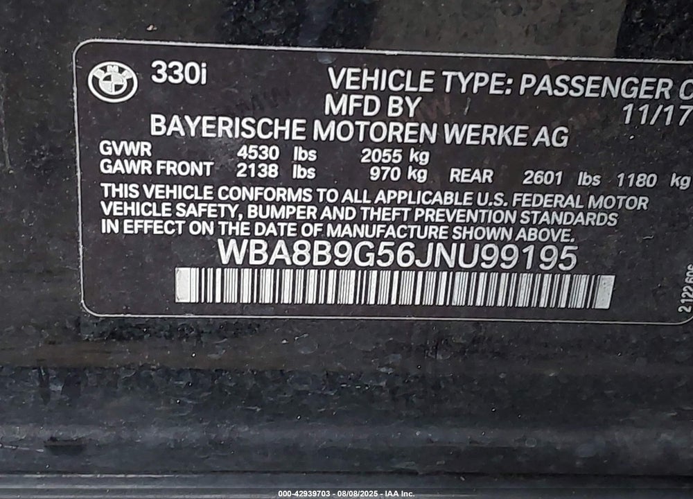2018 BMW 3 SERIES VIN: WBA8B9G56JNU99195