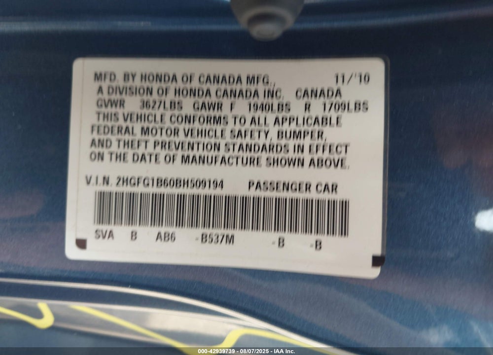 2011 HONDA CIVIC VIN: 2HGFG1B60BH509194