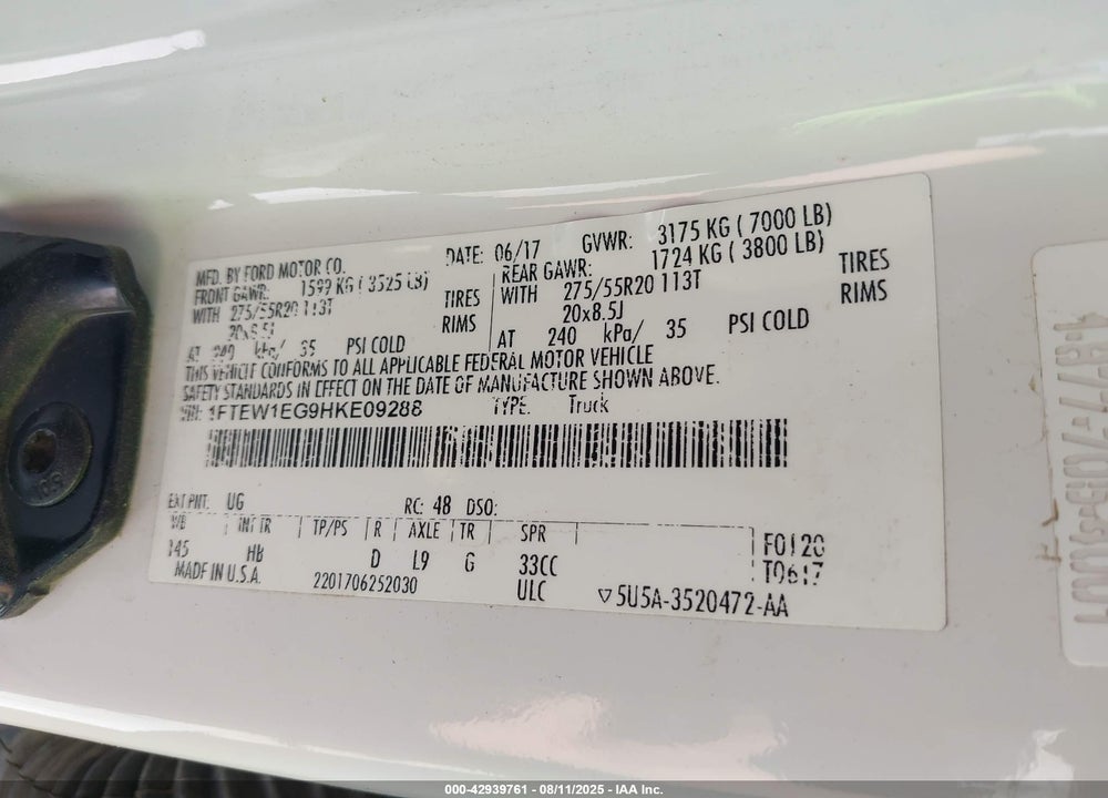 2017 FORD F-150 LARIAT VIN: 1FTEW1EG9HKE09288