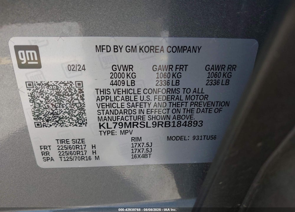 2024 CHEVROLET TRAILBLAZER VIN: KL79MRSL9RB184893