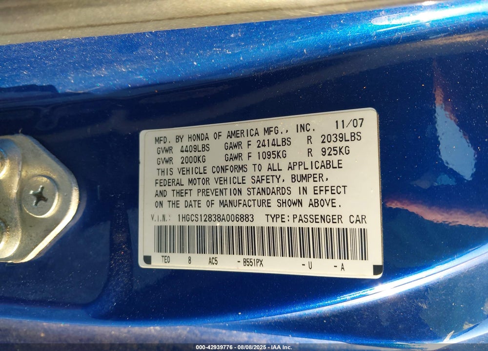 2008 HONDA ACCORD 2.4 EX-L VIN: 1HGCS12838A006883
