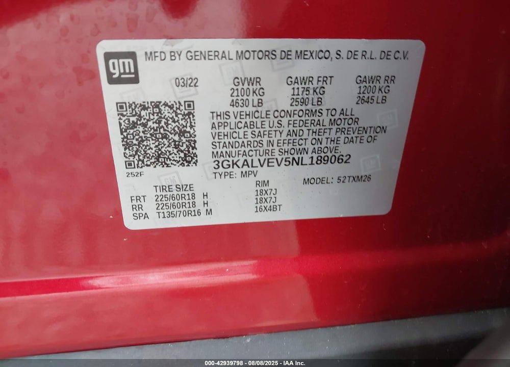 2022 GMC TERRAIN VIN: 3GKALVEV5NL189062
